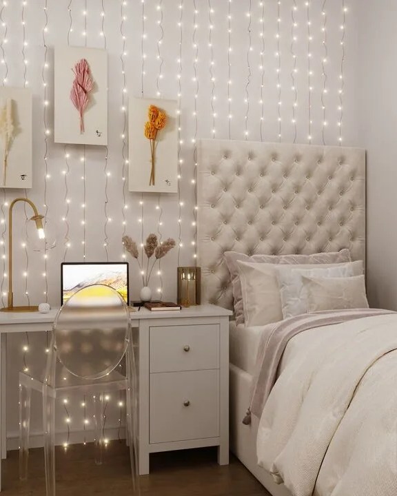 string lights on a bedroom wall