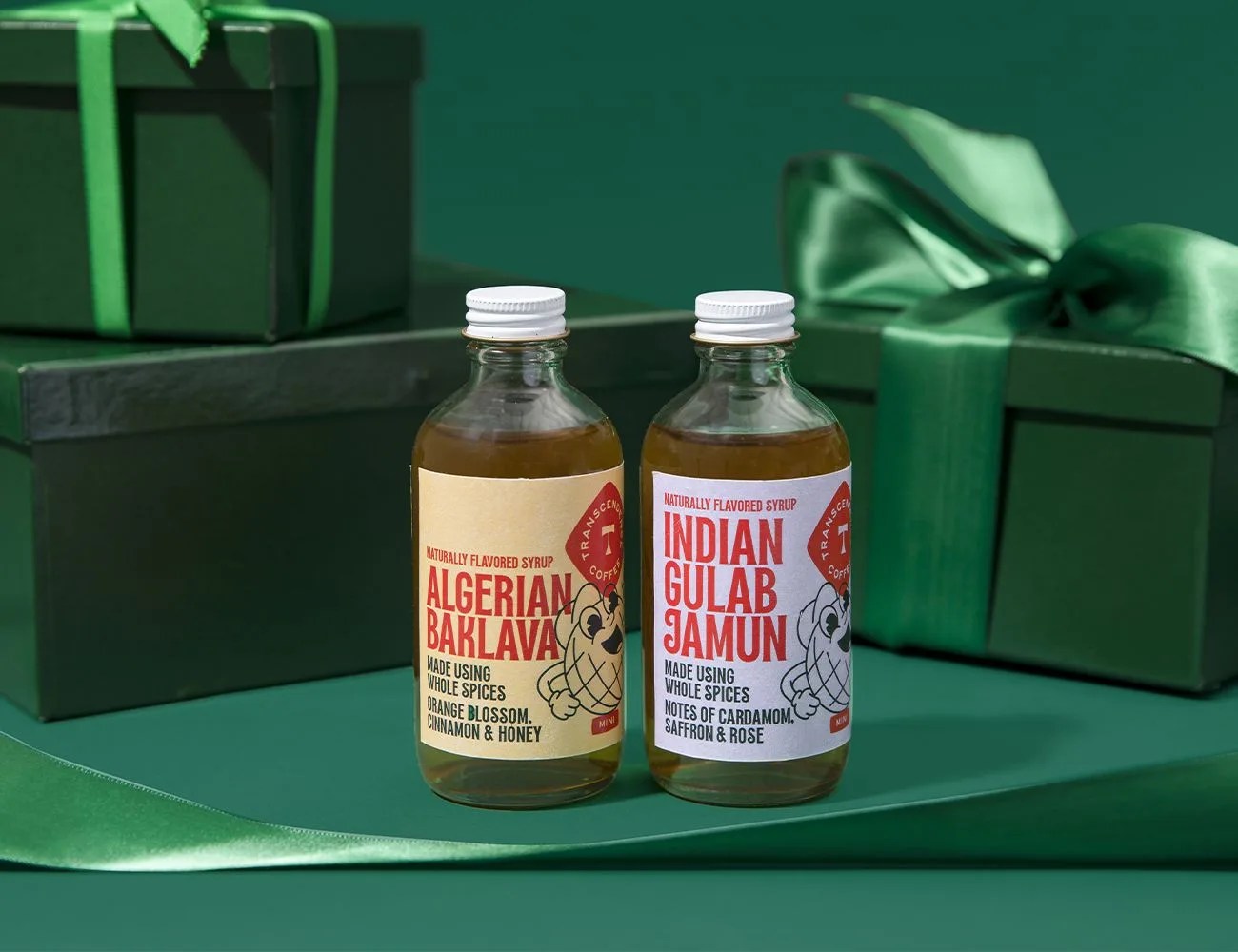 two bottles of syrup