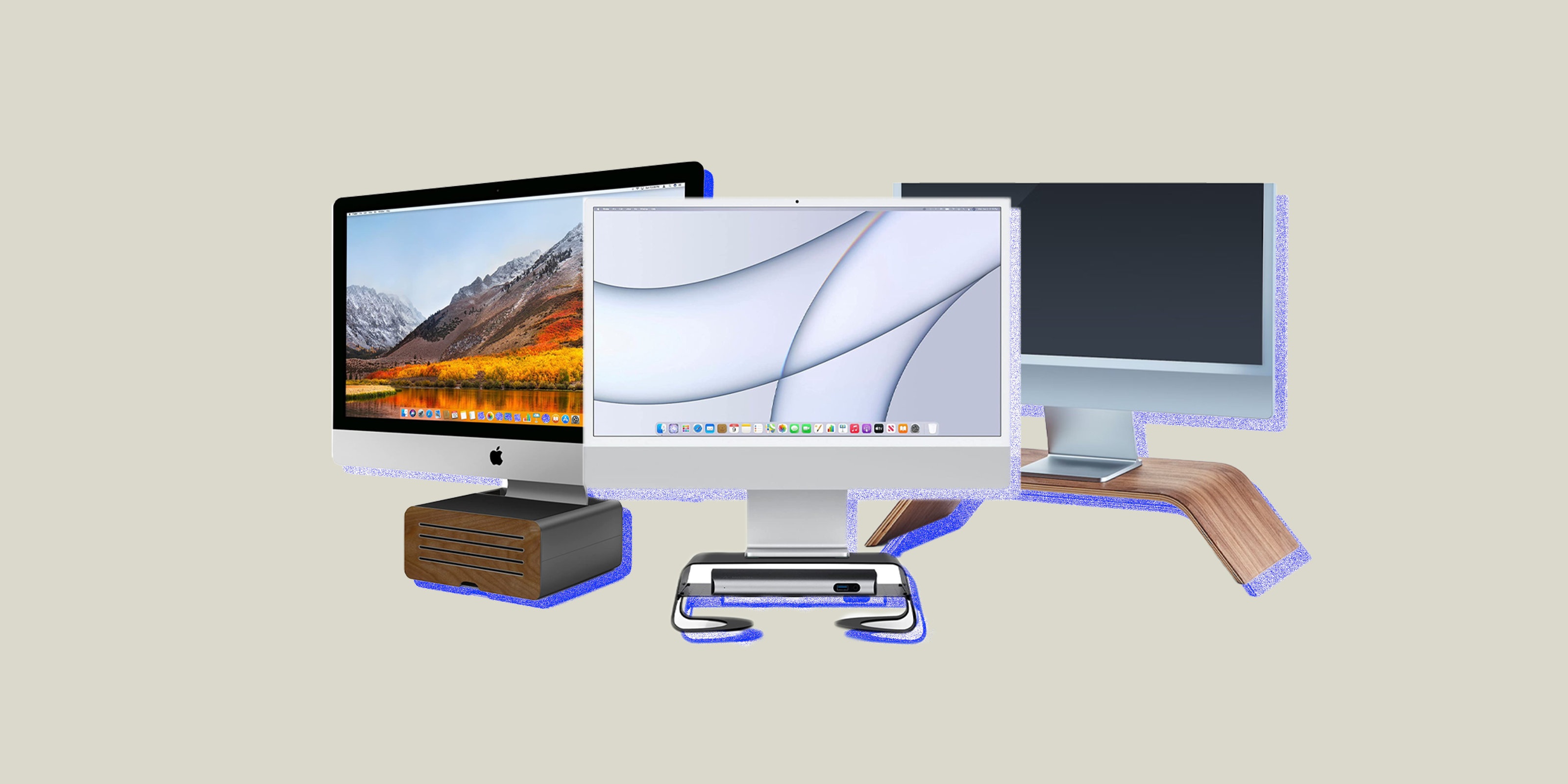 a collage of multiple computers and monitor stands