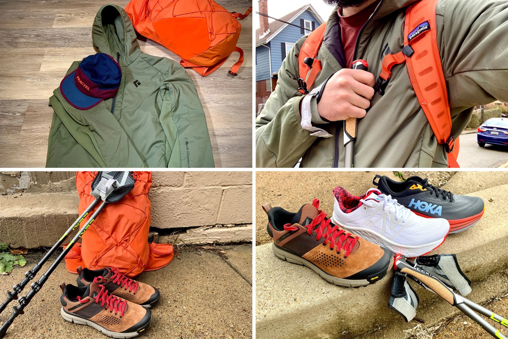 collage of a hooded jacket, hat, backpack, shoes, ski poles, and a man nordic walking