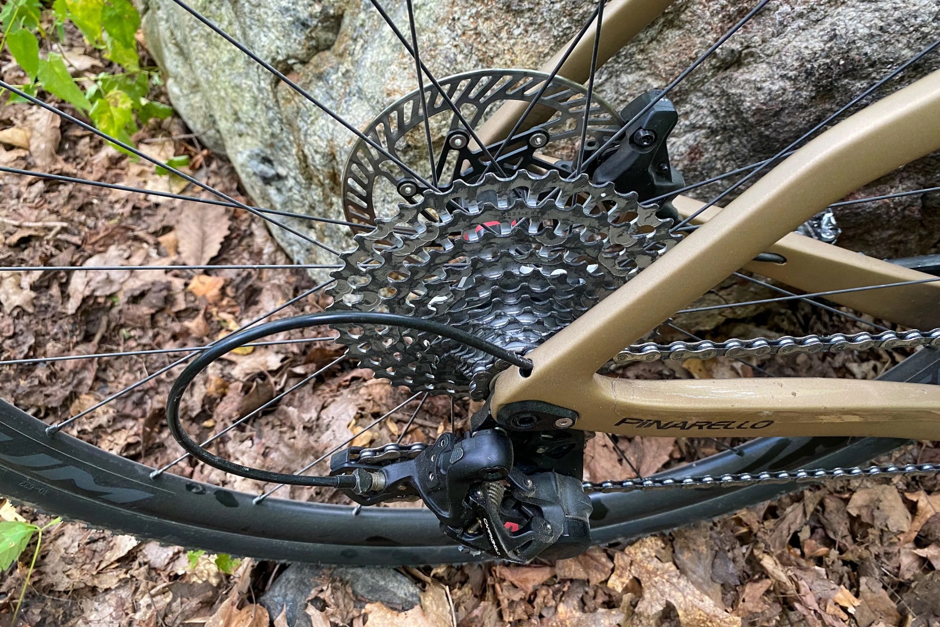 back tire and gears on a pinarello grevil f ekar gravel bike