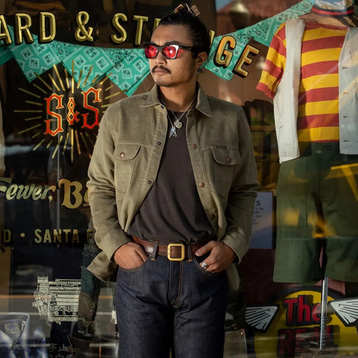 standard and strange man wearing indigofera copeland shirt in dark lovat moleskin
