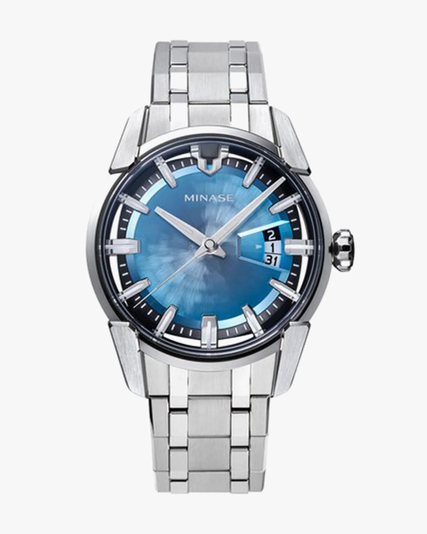 minase divido 2 watch with an ice blue dial