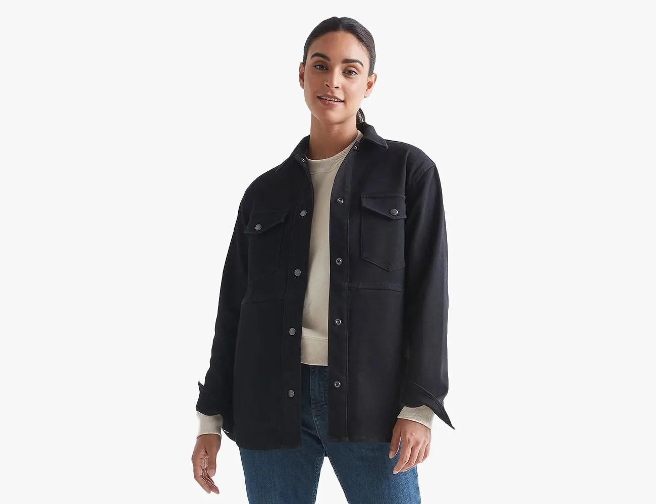 woman wearing a duer all weather shirt jacket