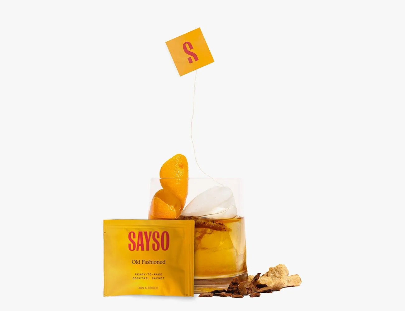 sayso old fashioned tea bag in a glass cup with ice