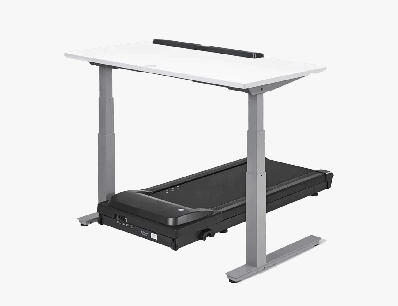 a white standing desk over a black treadmill
