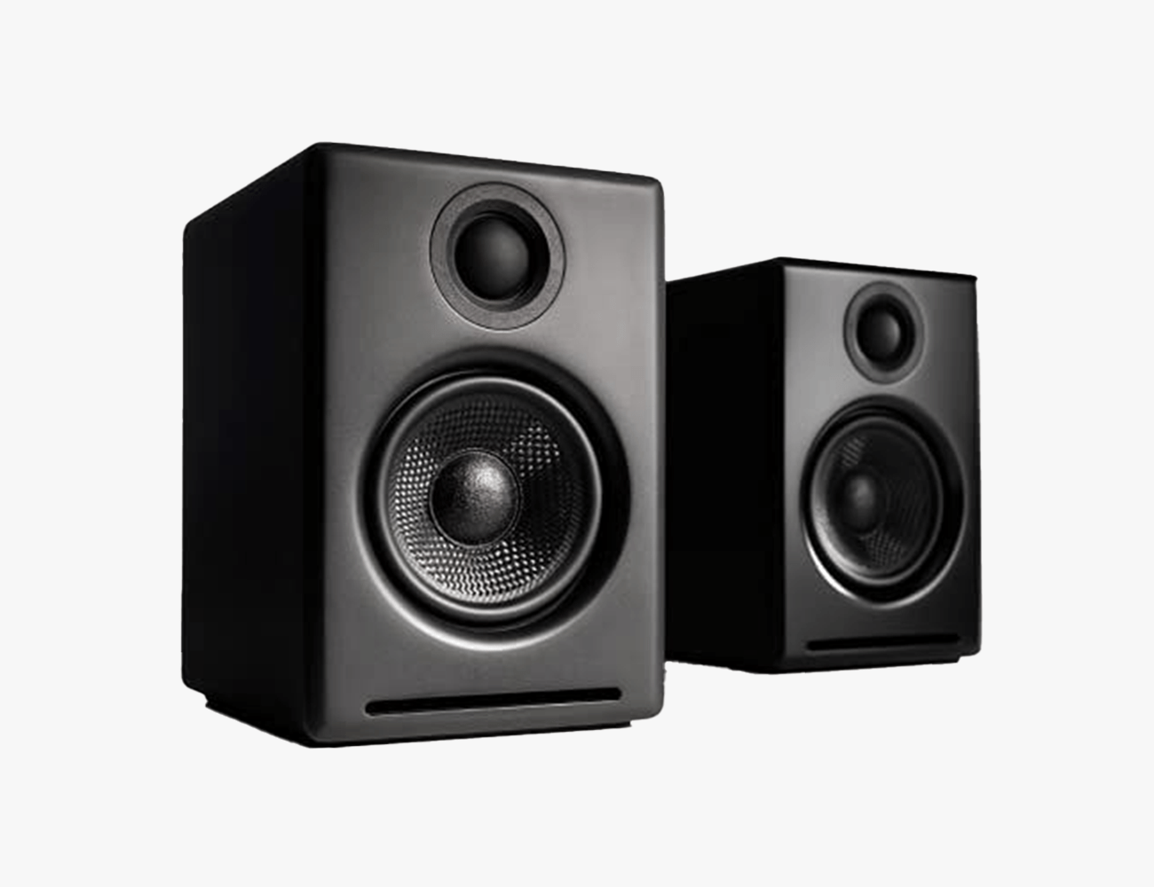 2 black speakers on a white background