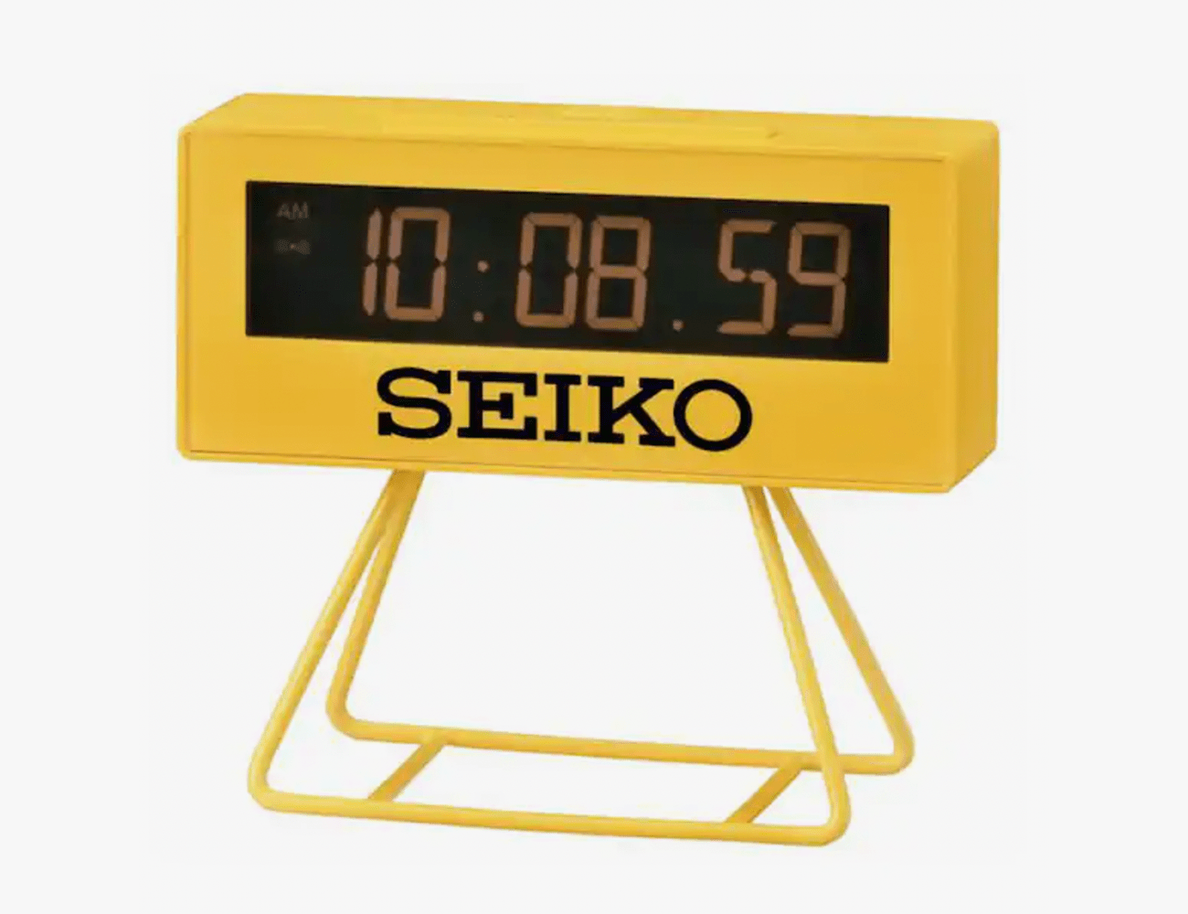 a yellow Seiko Mini Marathon Timer Replica Alarm Clock on a white background
