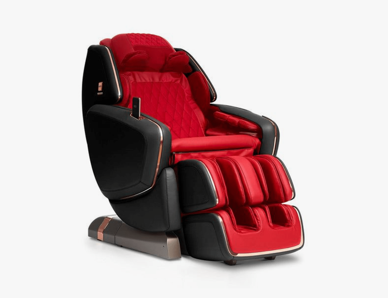 a black massage chair with red and gold accents