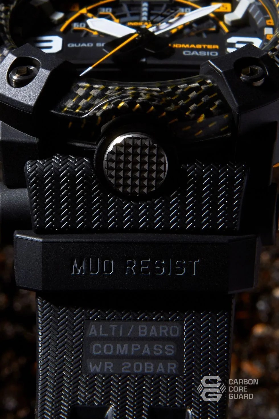 g shock yellow accents mudmaster strap close up