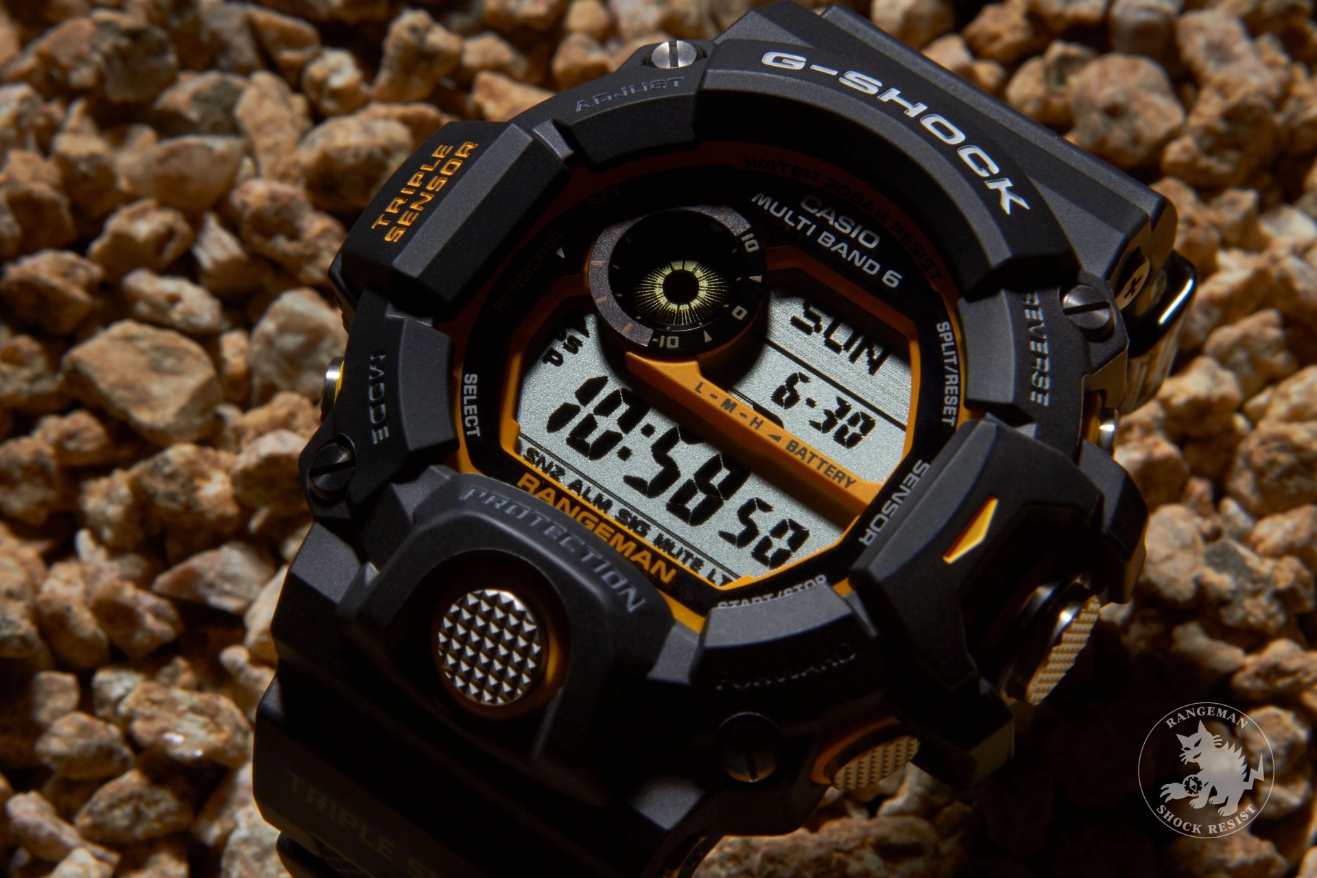 g shock rangeman yellow on tan gravel