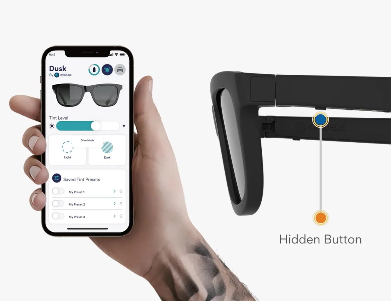 a hand holding a phone with the ampere dusk app open next to the ampere sunglasses showing where the hidden button is location