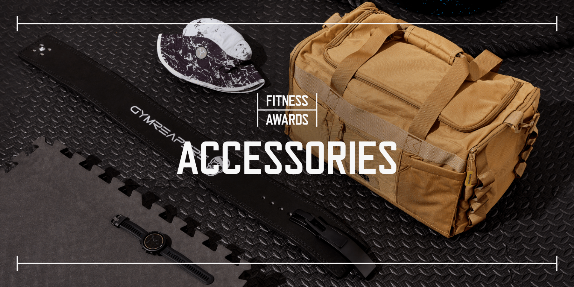 various fitness accessories laid out on black rubber gym flooring with text reading fitness awards accessories laid over top