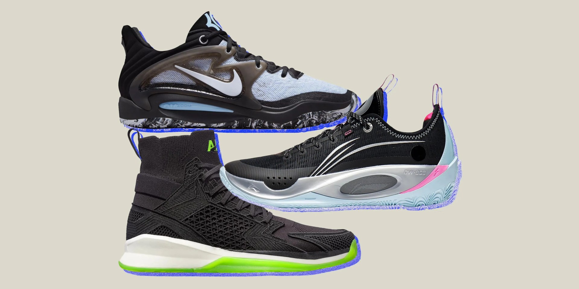 collage of three basketball shoes