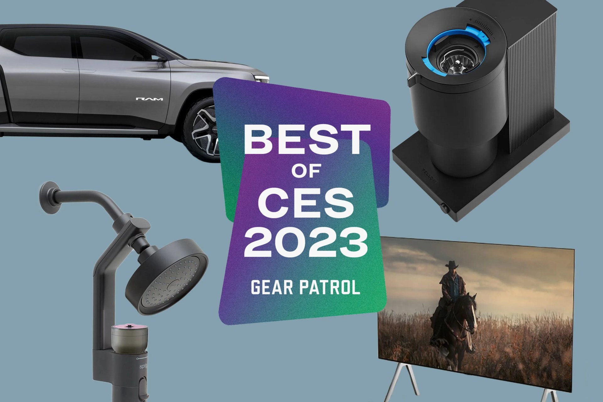a collage featuring a ram pick up, ode coffee grinder, lg tv and kohler shower faucet with text over top saying best of ces 2023