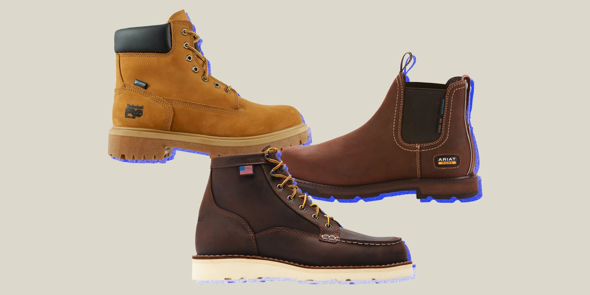 collage of three steel toe boots