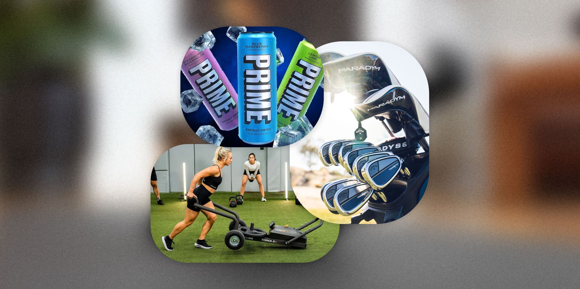 collage of a woman working out on turf, cans of energy drinks, and a bag of golf clubs