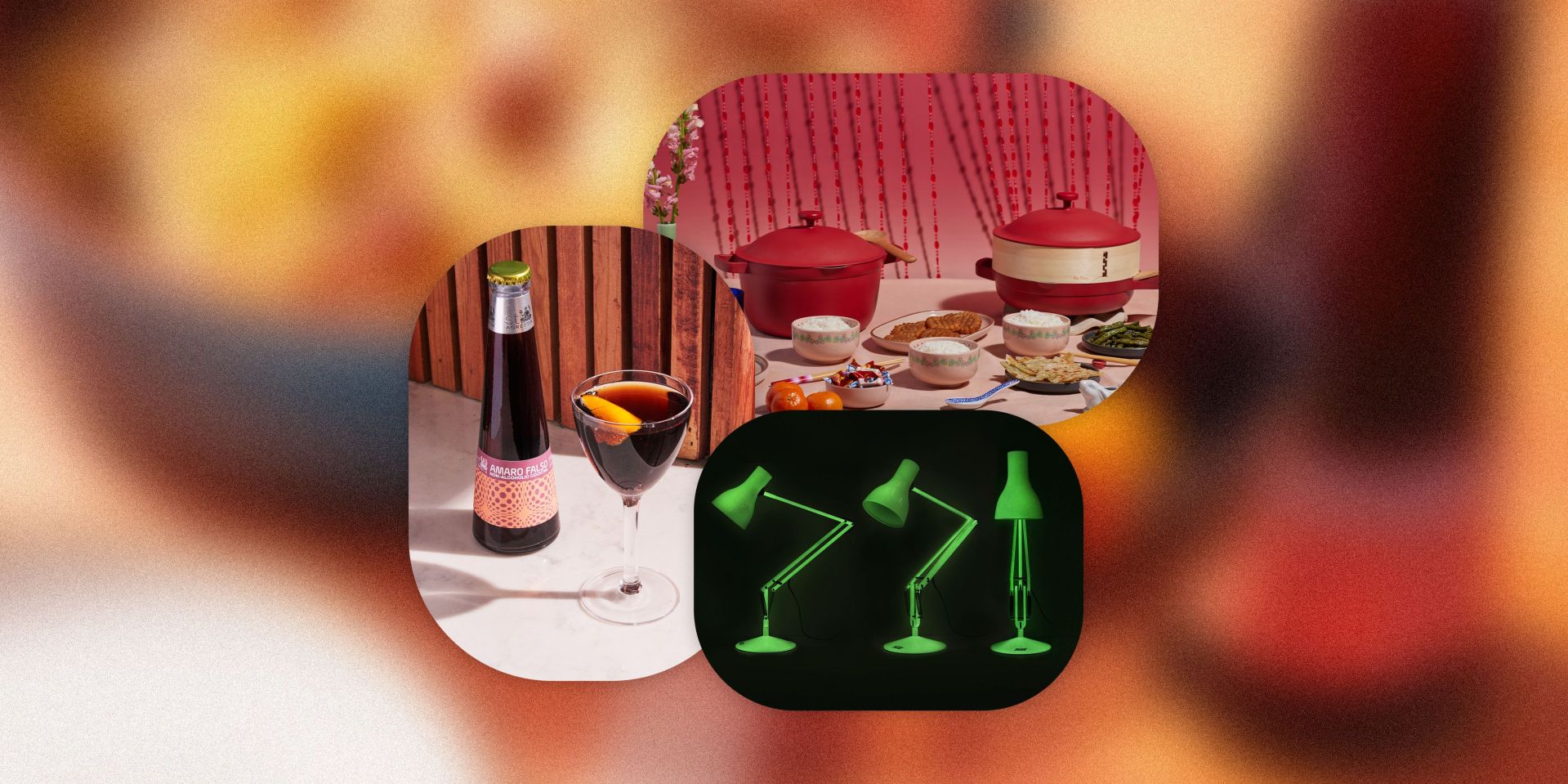 collage of lamps, our place pots and pans on a table, and a cocktail
