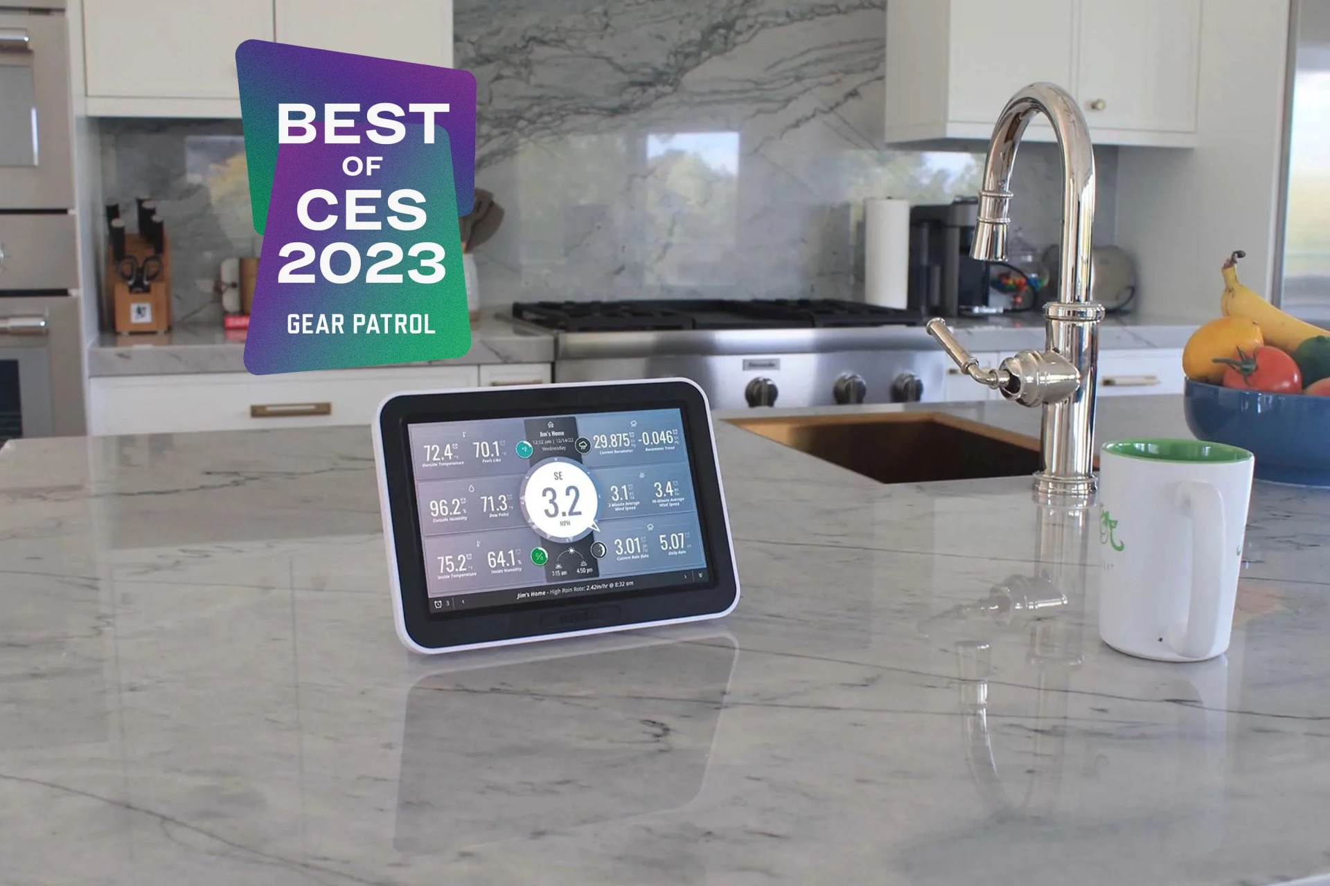a weather gadget sitting on a kitchen counter