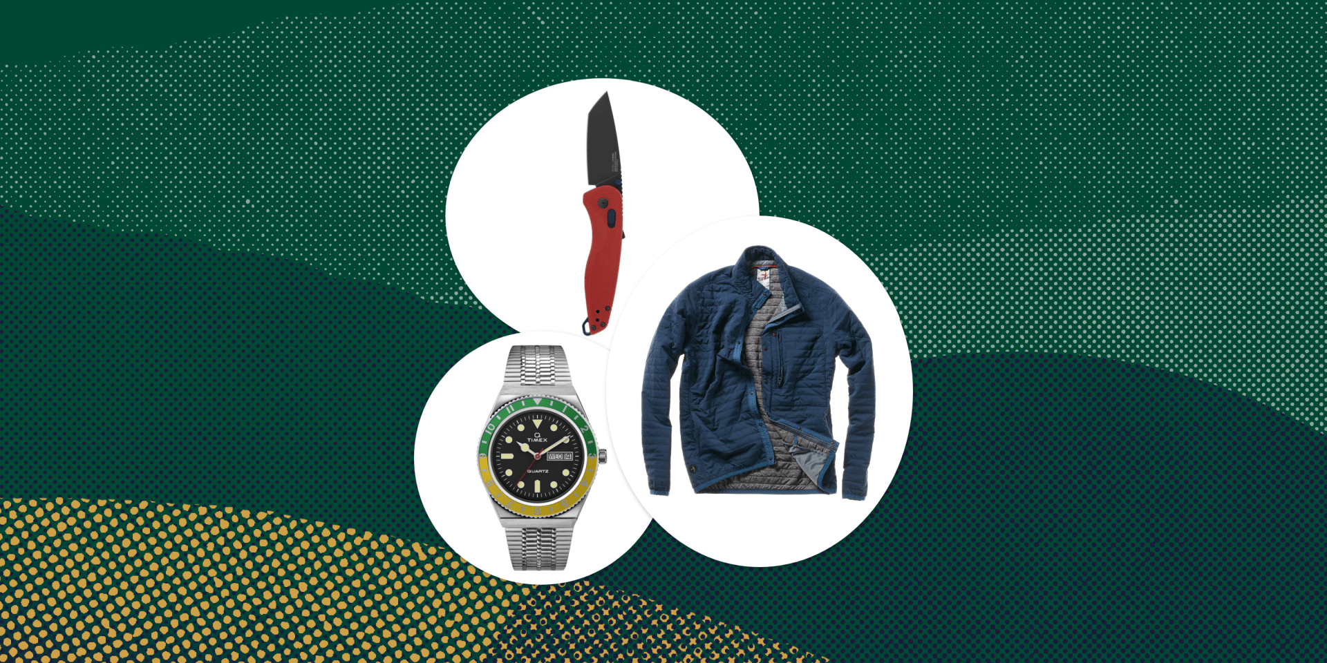 collage of a knife, a watch, and a zip up jacket