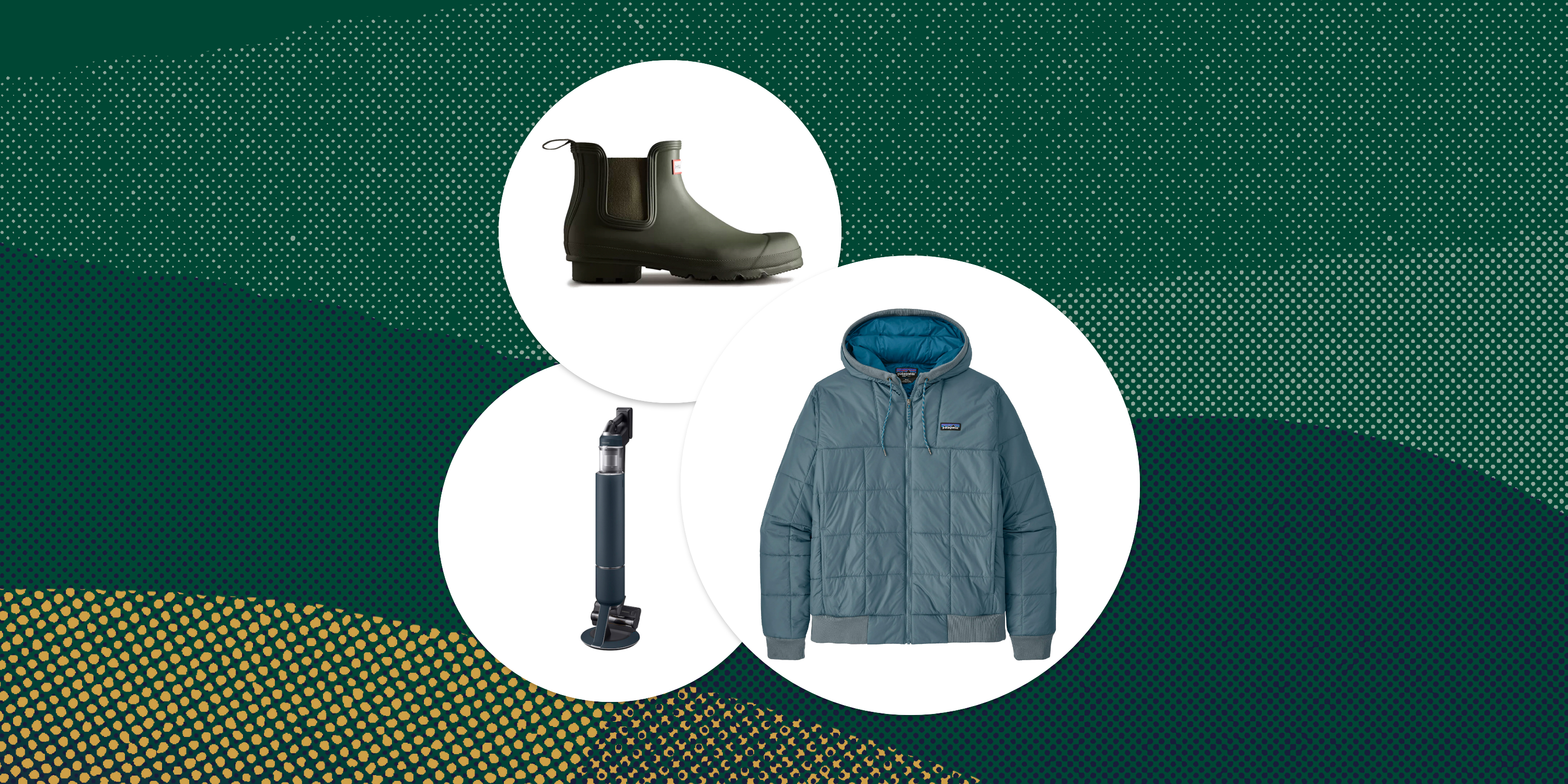 collage of patagonia quilted jacket hunter boots and samsung cordless vacuum