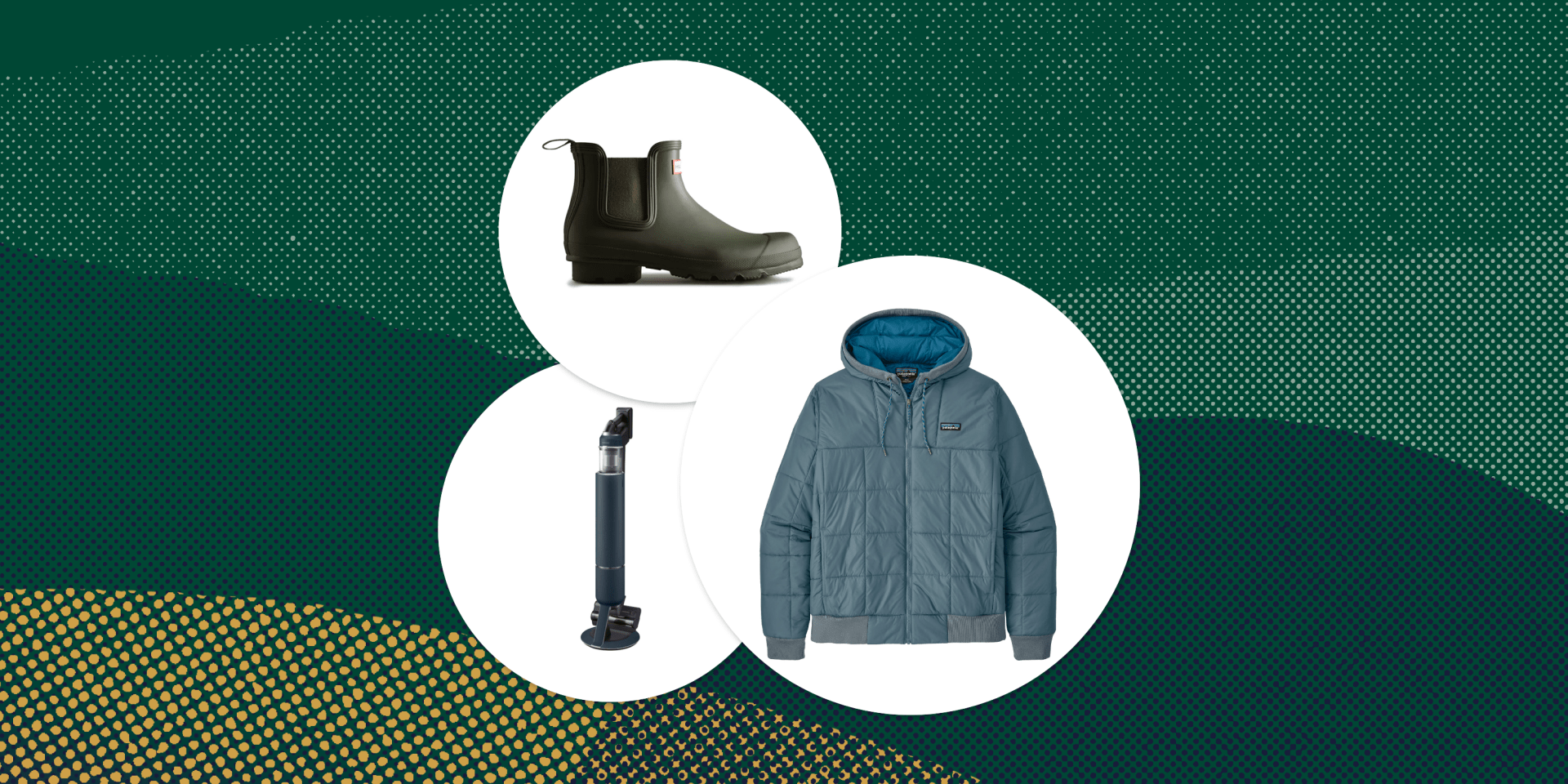 collage of patagonia quilted jacket hunter boots and samsung cordless vacuum