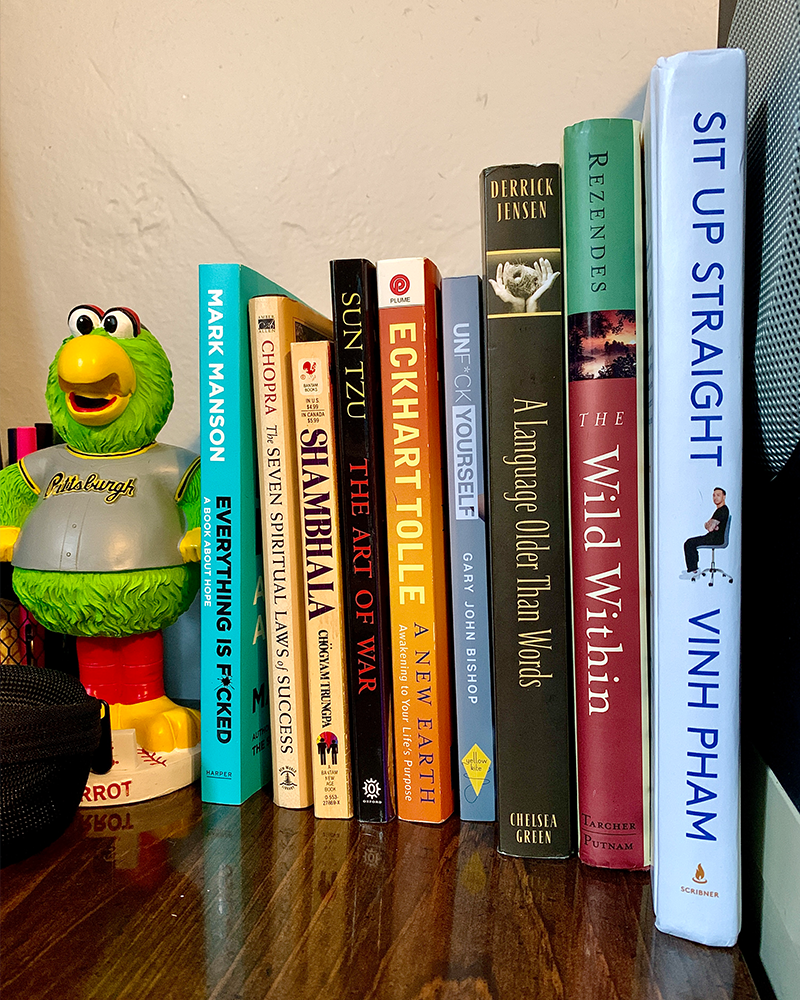 multiple books on bens desk and a bird figurine