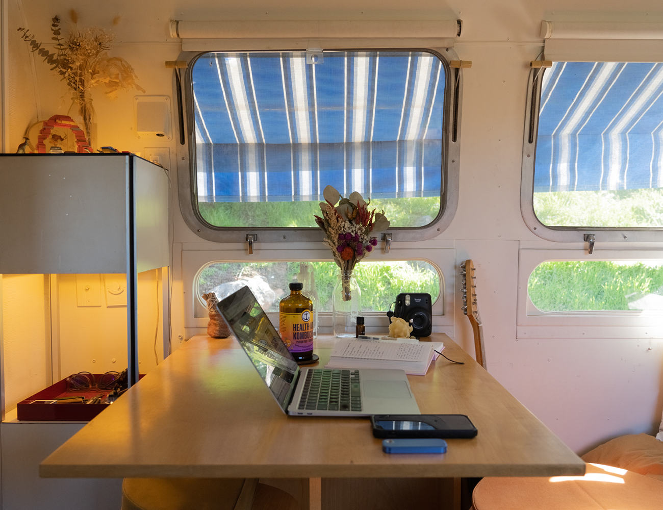 a photo of hayleys desk inside her airstream camper