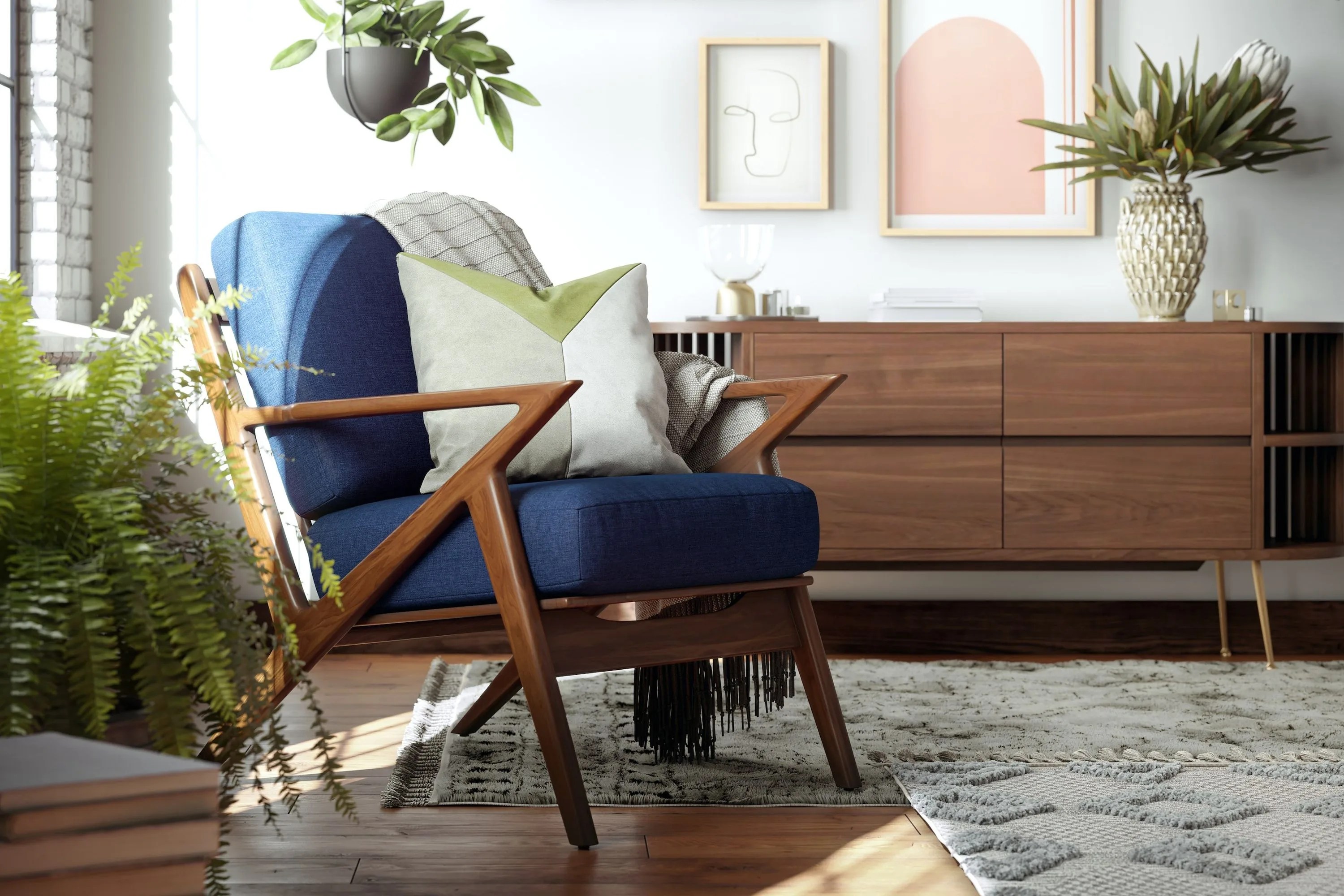 wooden z chair with blue cushions in a living room
