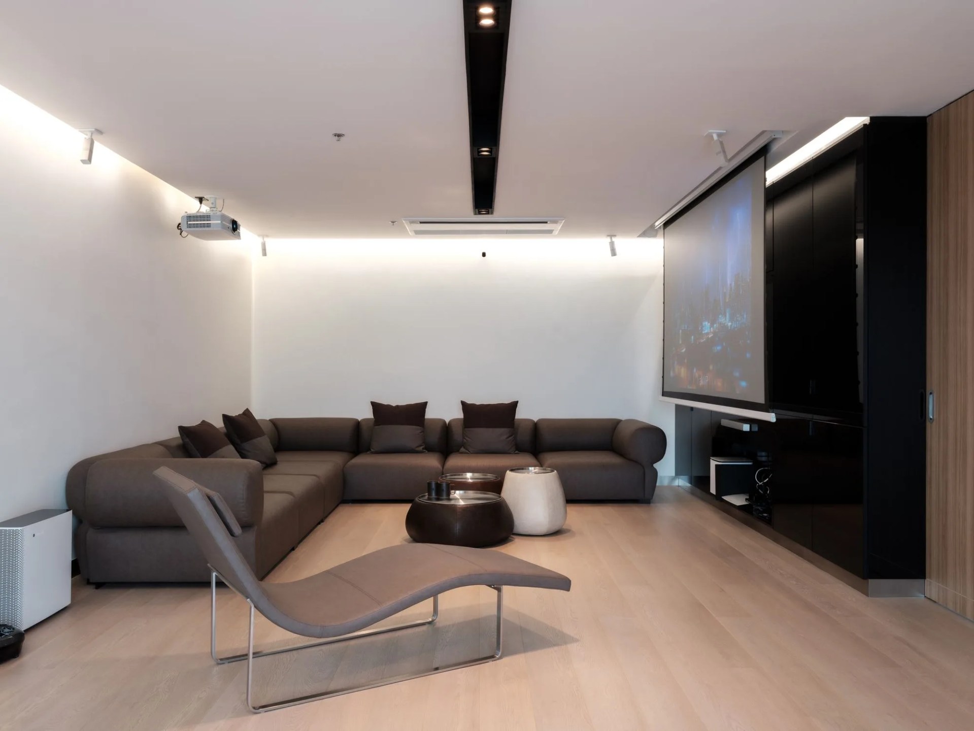 modern minimalist residential space, living room with projector