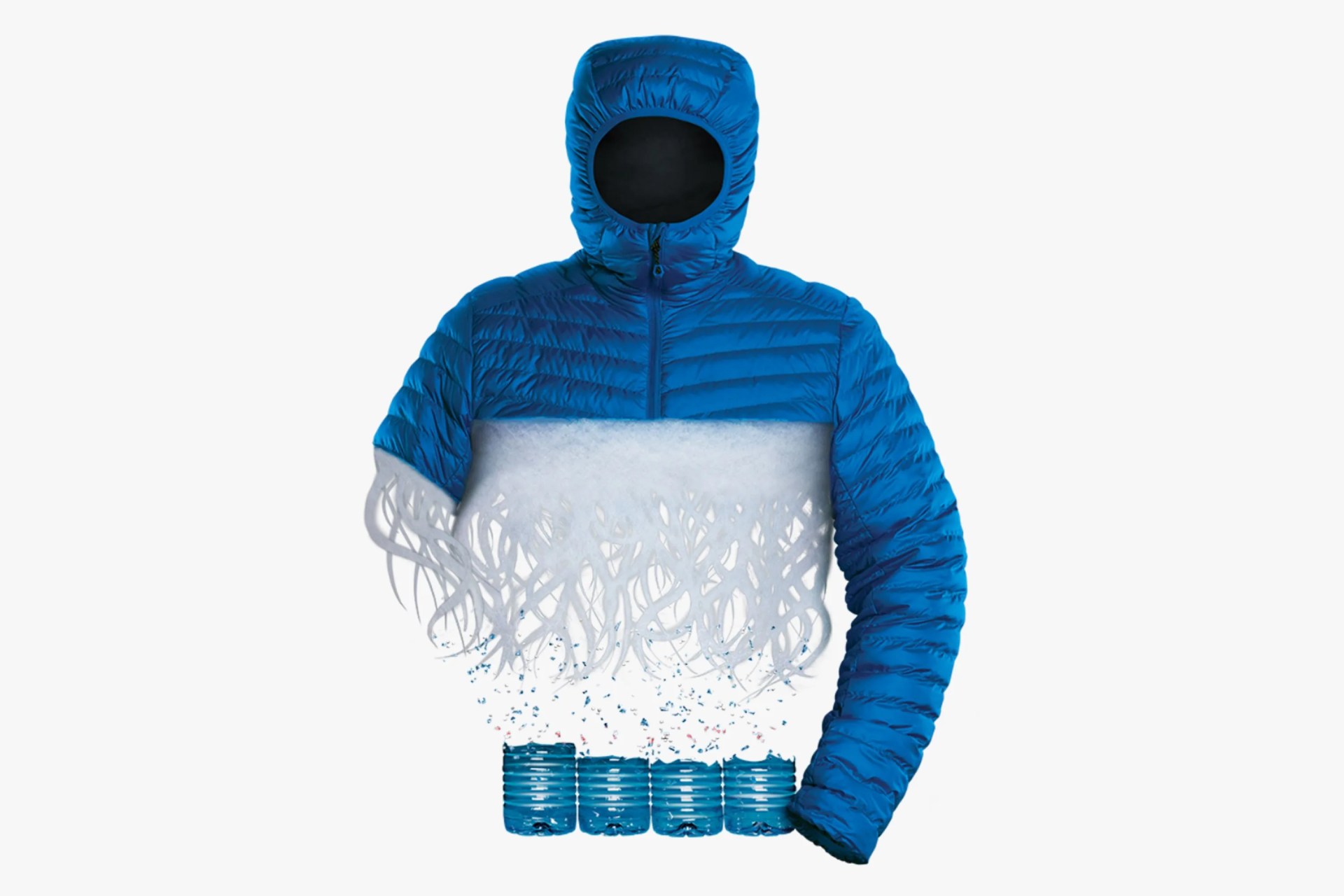 a jacket graphic being with fibers showing they're made from water bottles