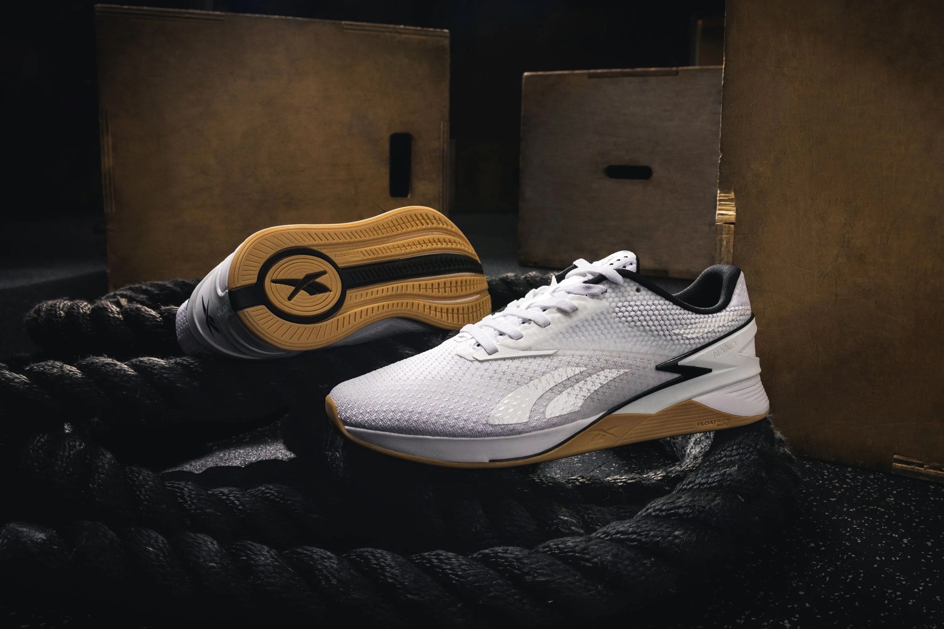 white nano x3 shoes on ropes in a gym