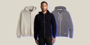 collage of a man wearing a black zip up hoodie with two other hoodies on each side of him