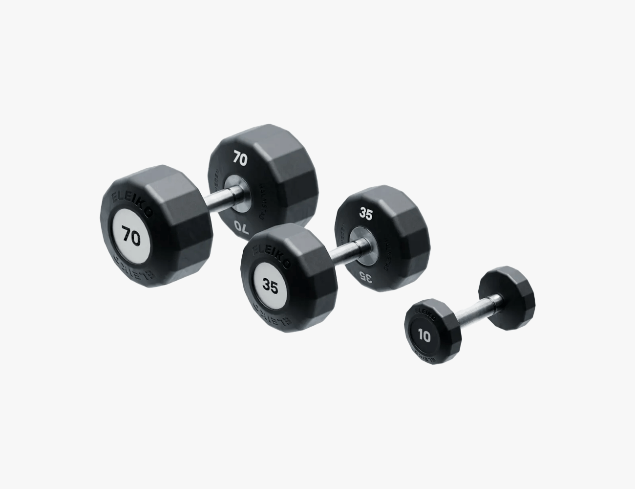 3 different weighted Eleiko Evo Dumbbells in black