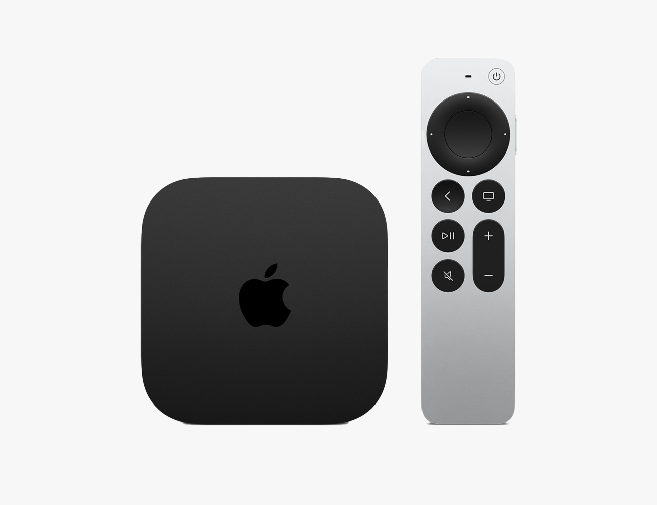 a black apple tv and silver remote