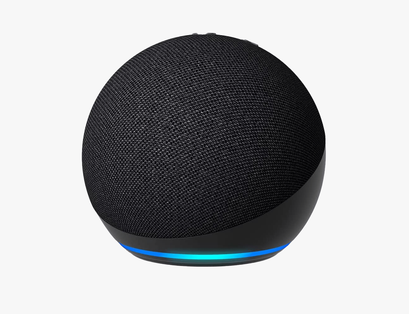 a black amazon echo with a blue light under it