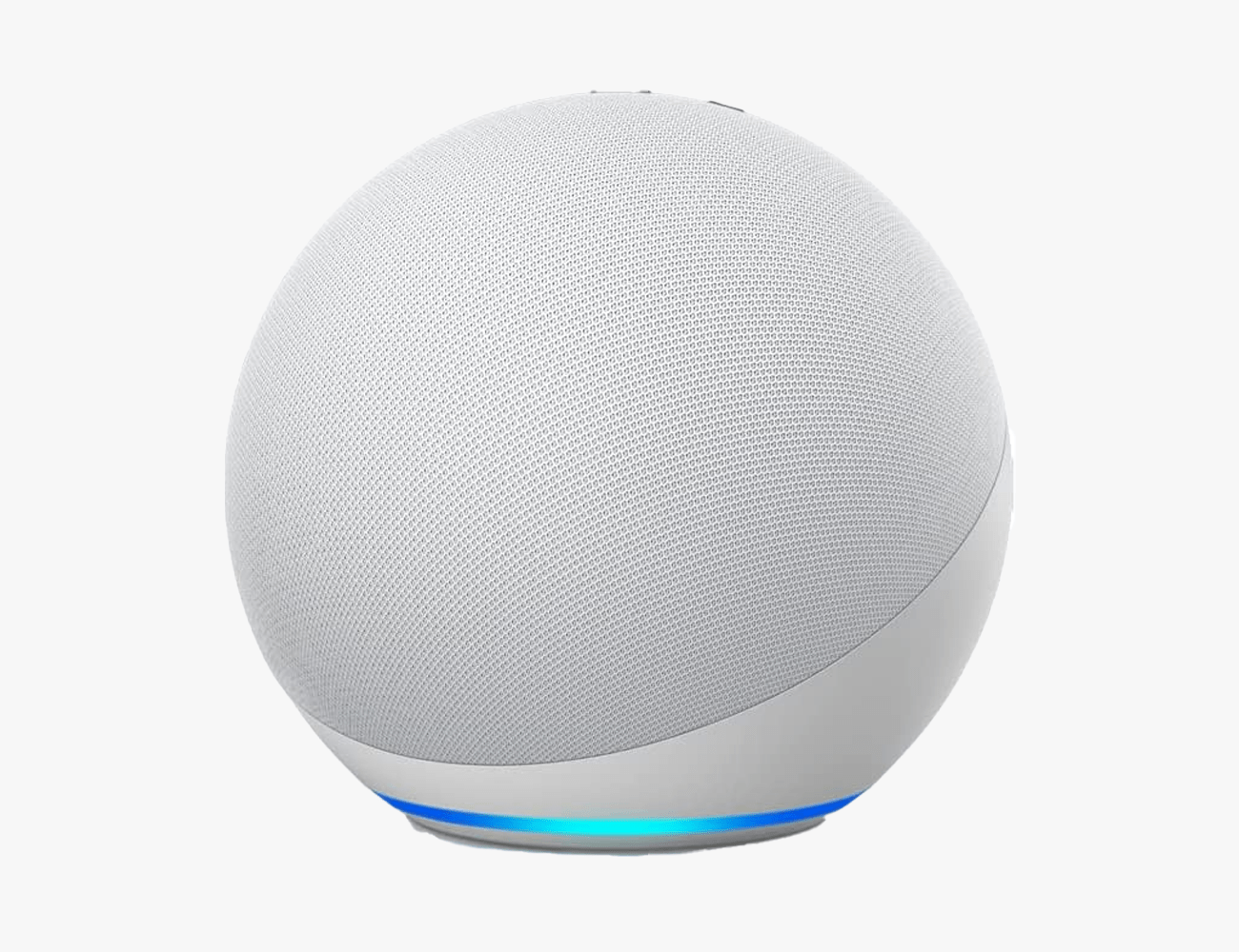 a white amazon echo with a blue light under it