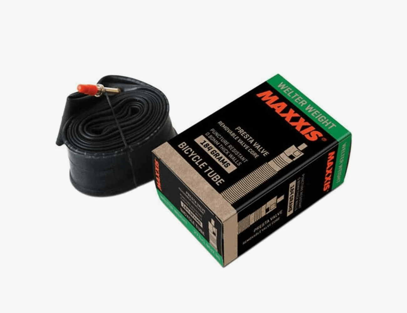 maxxis welterweight tube coiled up next to its box
