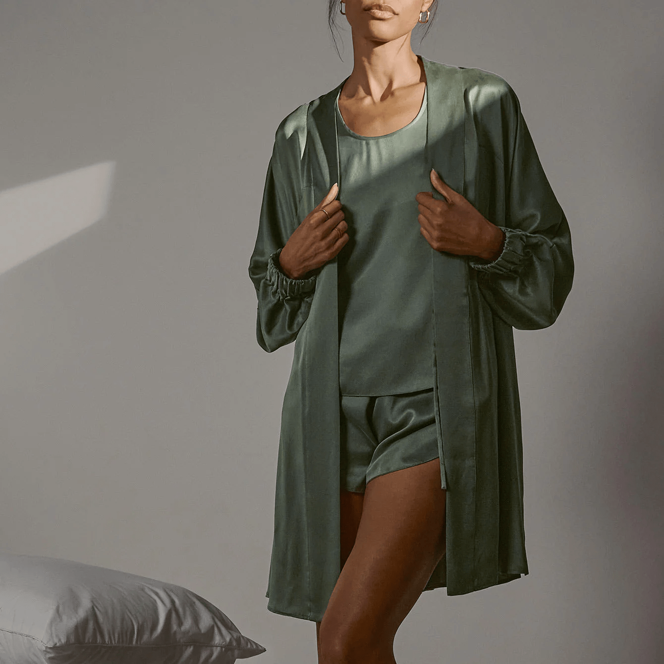 washable silk robe in olive