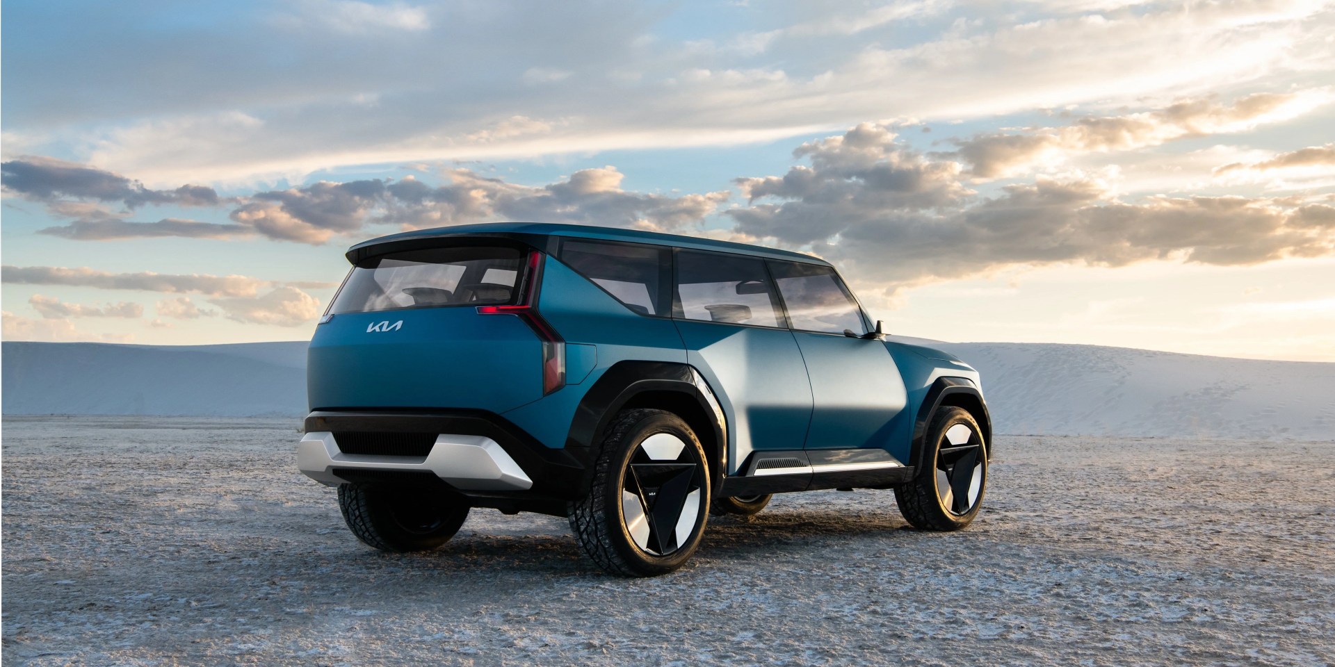 kia ev9 concept pictures on desert salt flats
