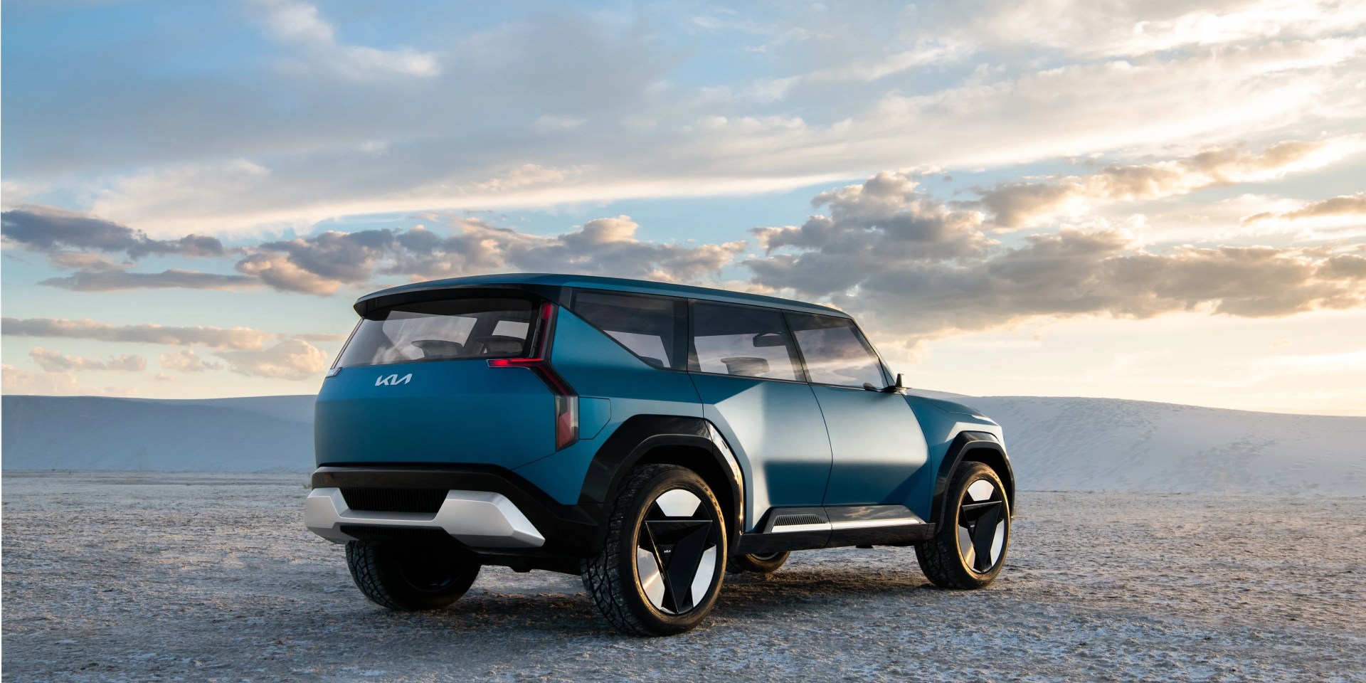 kia ev9 concept pictures on desert salt flats