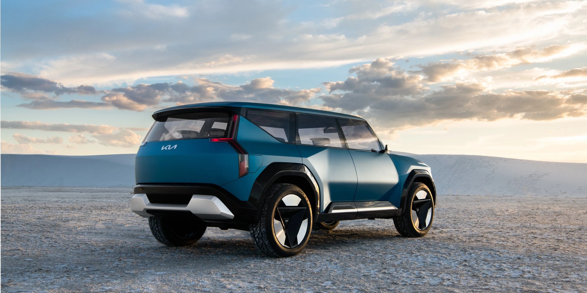 kia ev9 concept pictures on desert salt flats