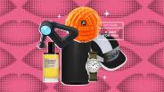 collage of a massage gun, a massage ball, cologne, a speaker, a watch, and a hat