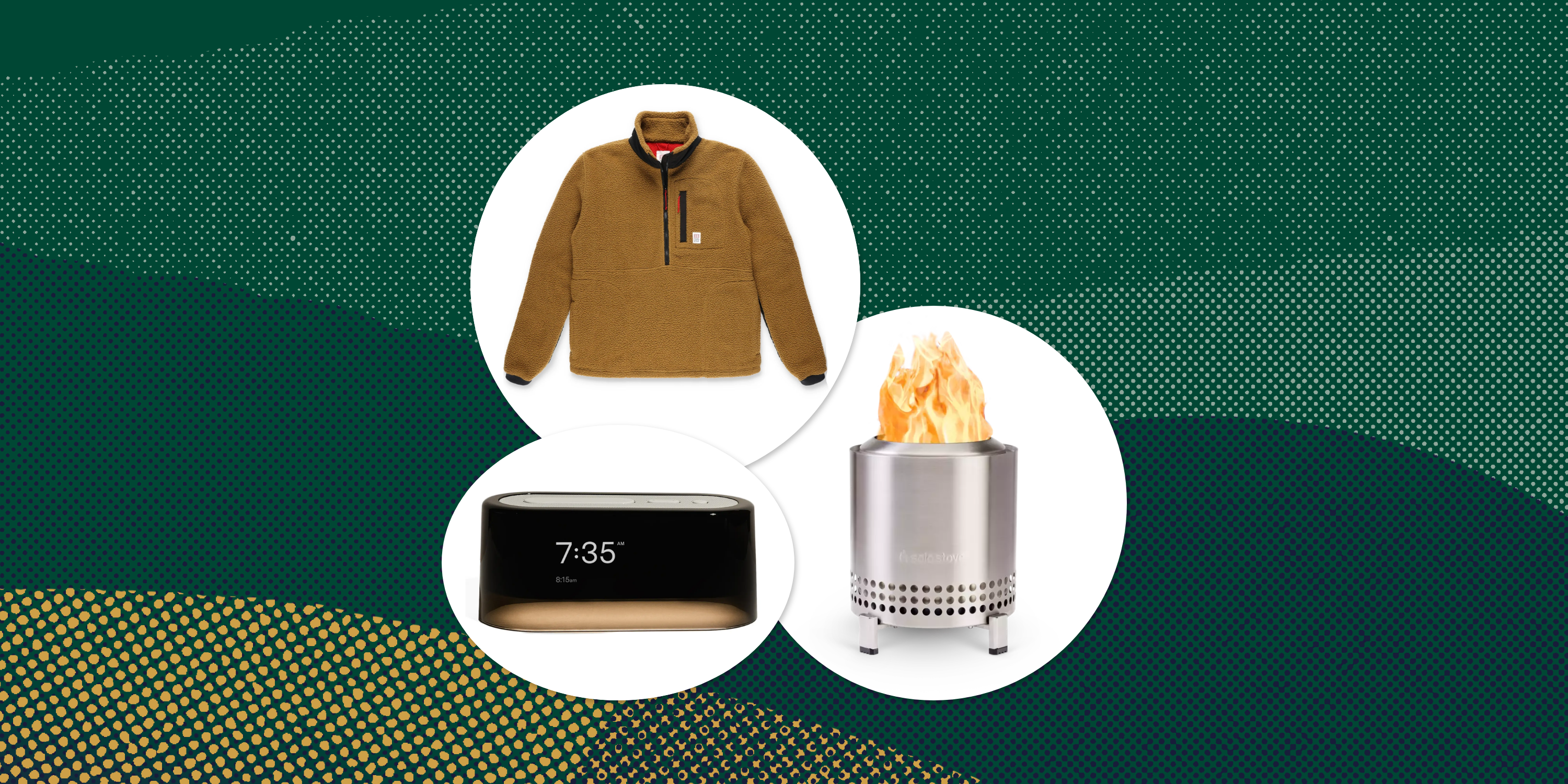 collage of a fleece pullover, an alarm clock, and a fire pit