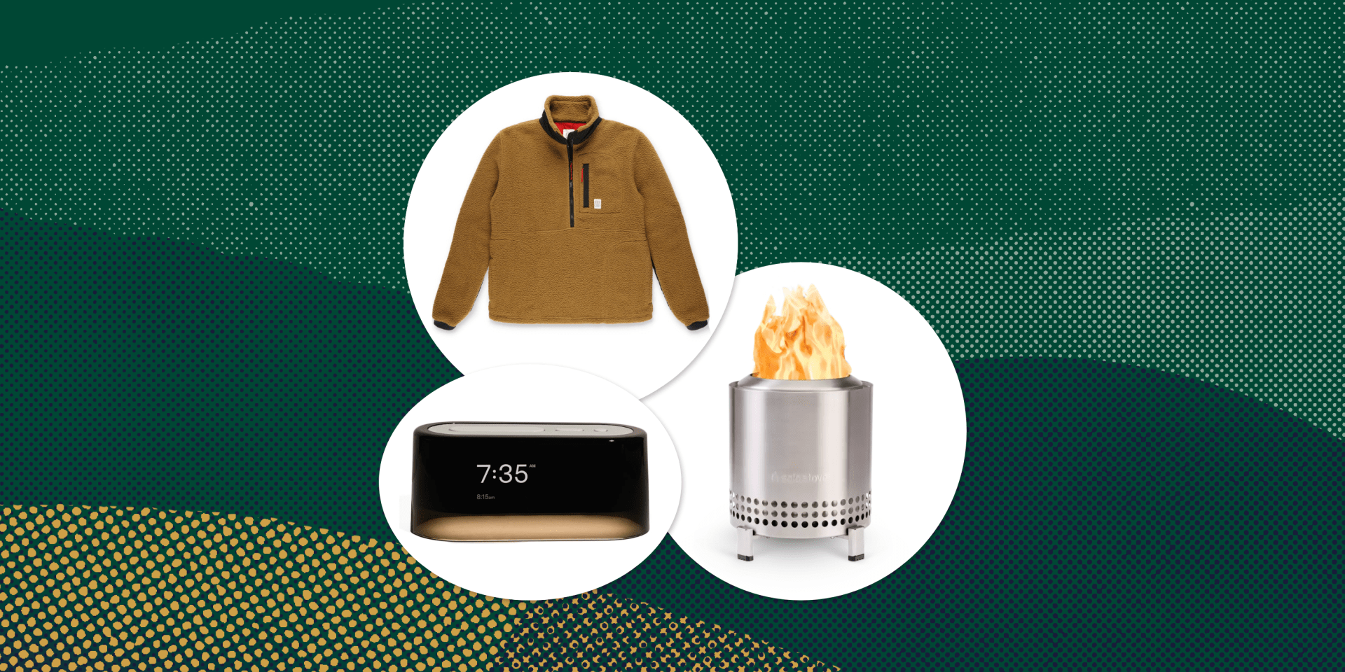 collage of a fleece pullover, an alarm clock, and a fire pit