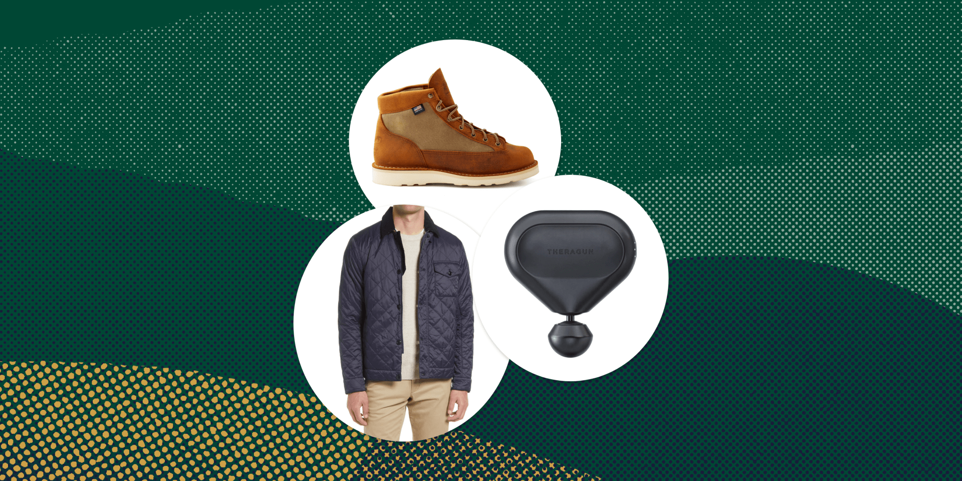 collage of a brown boot, a man wearing a jacket, and a massage gun