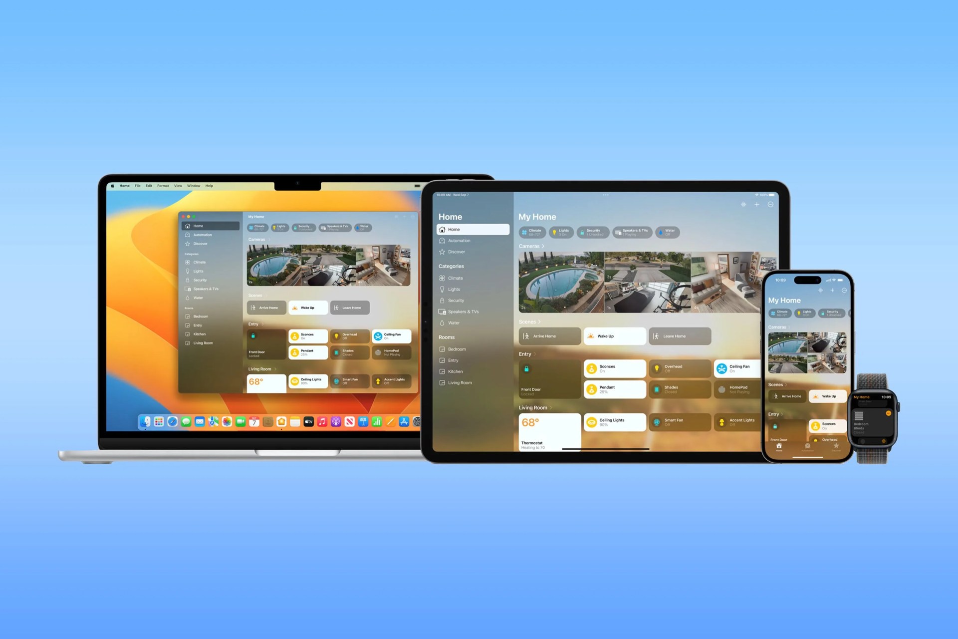 an apple laptop, ipad, phone, and watch next to each other