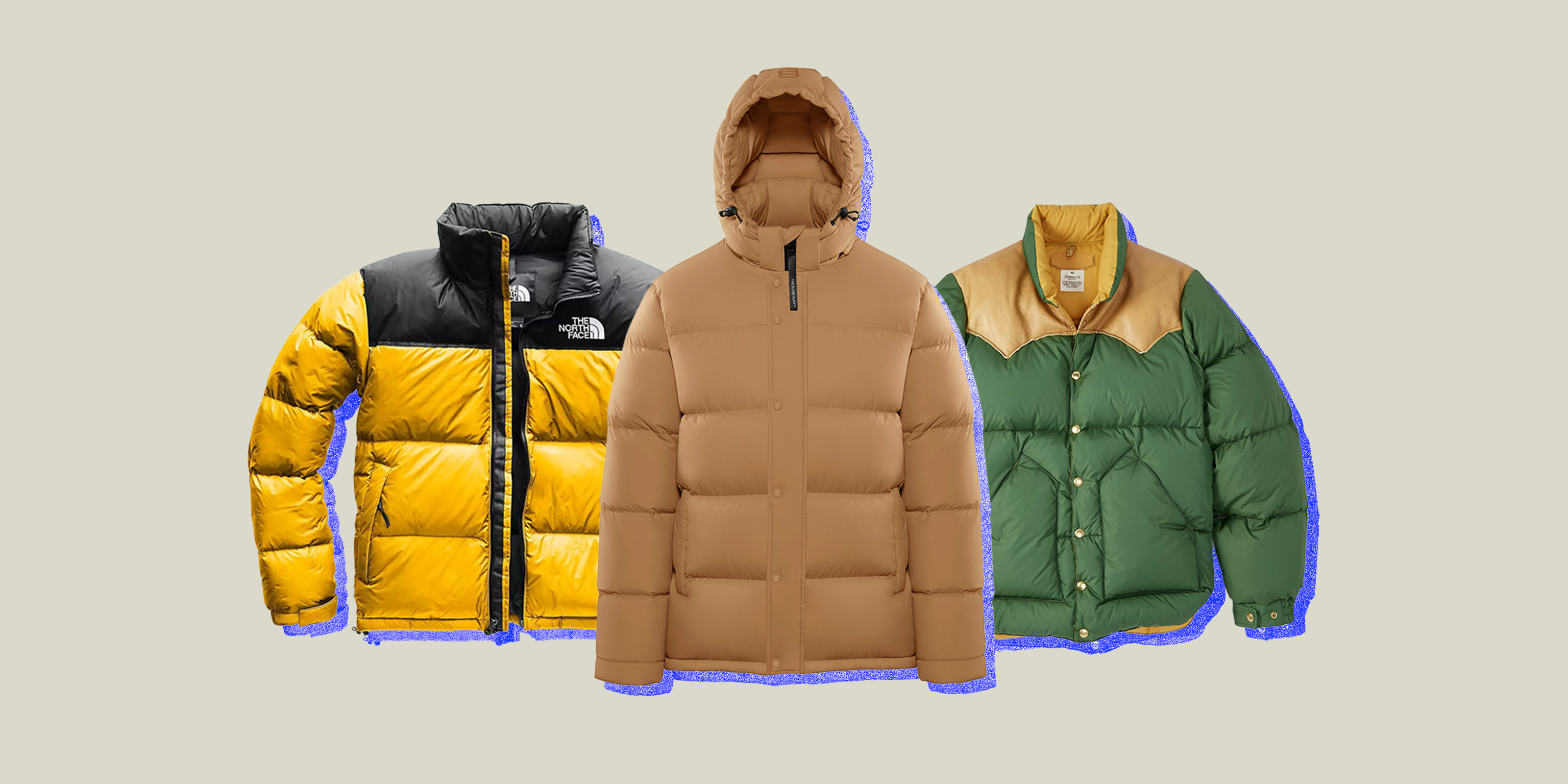 a collage featuring puffer jackets from aritzia, the north face and huckberry