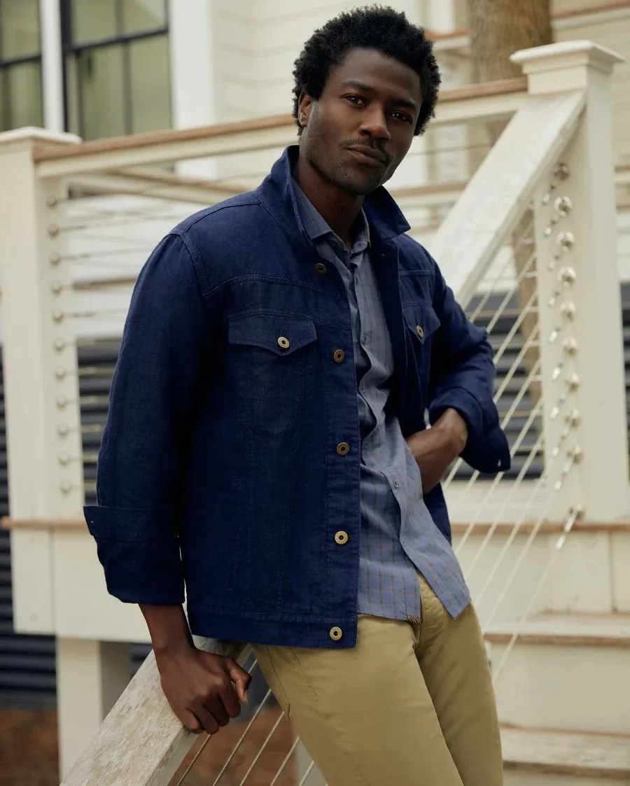 man wearing billy reid tupelo trucker jacket