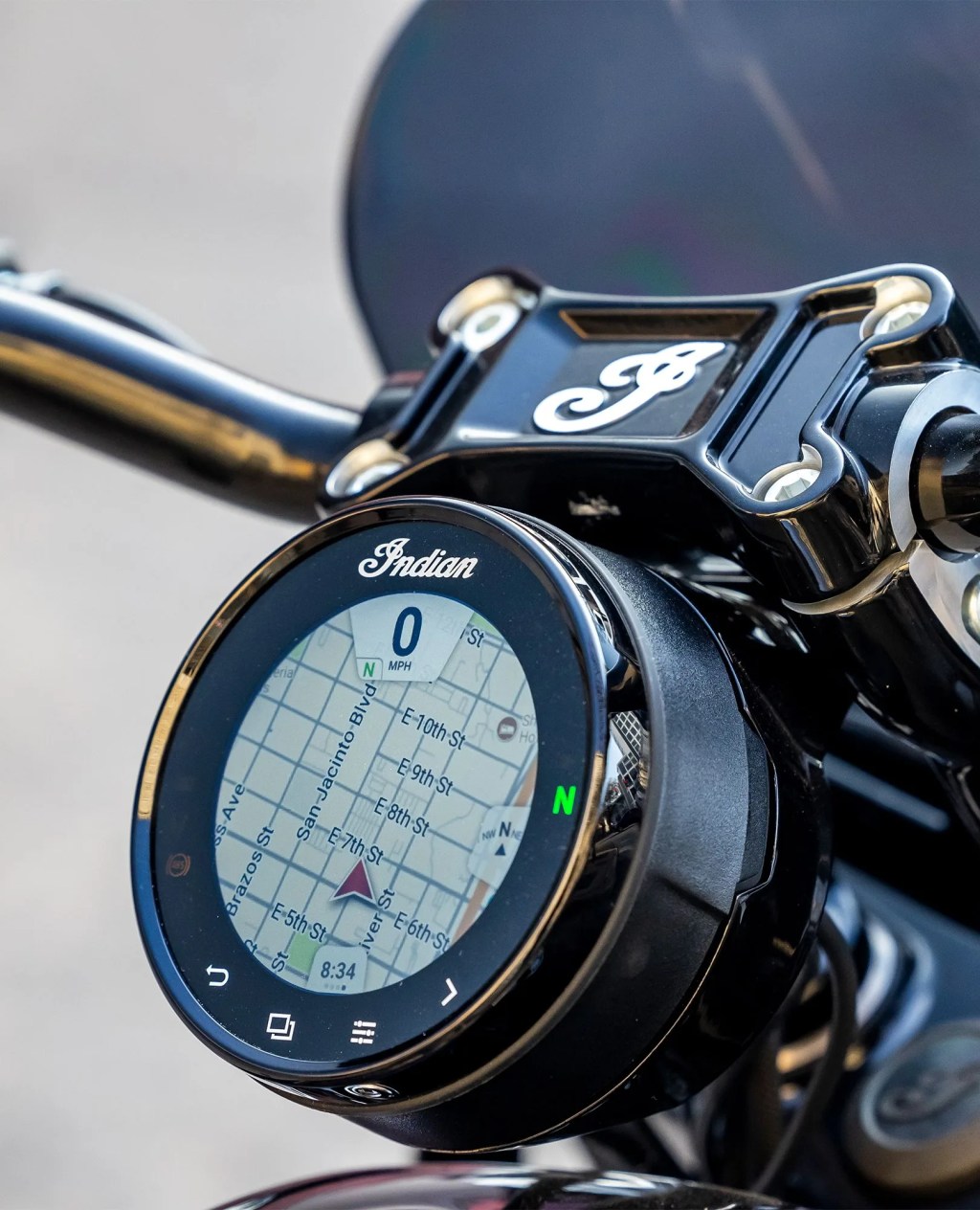 close up of the navigation on a 2023 indian sport chief motorcycle